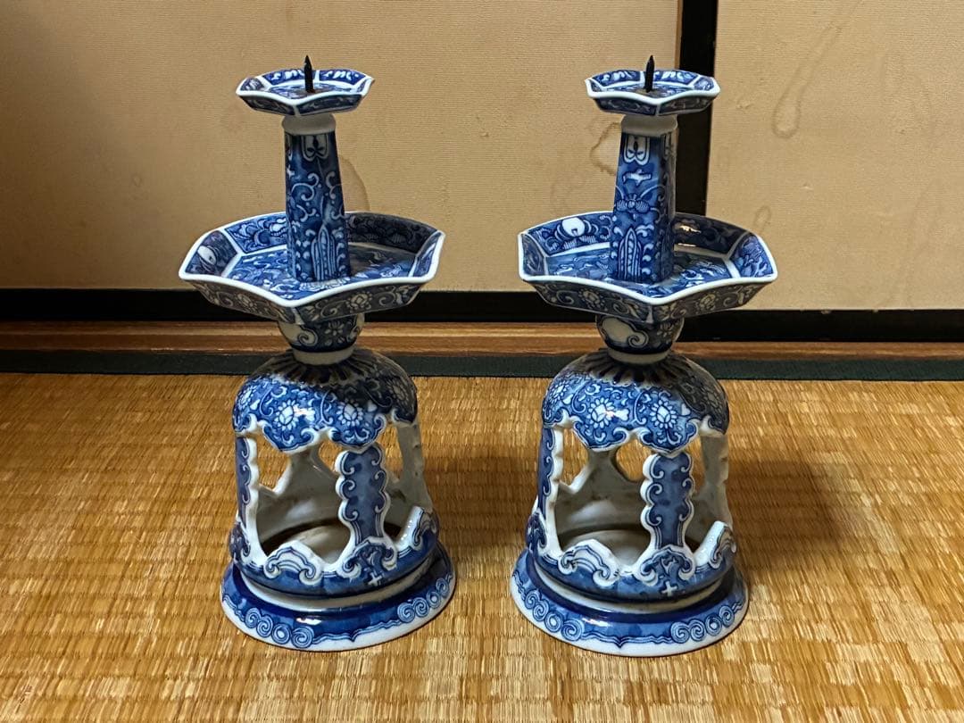 有田焼 古伊万里 染付 燭台 一対 時代物
