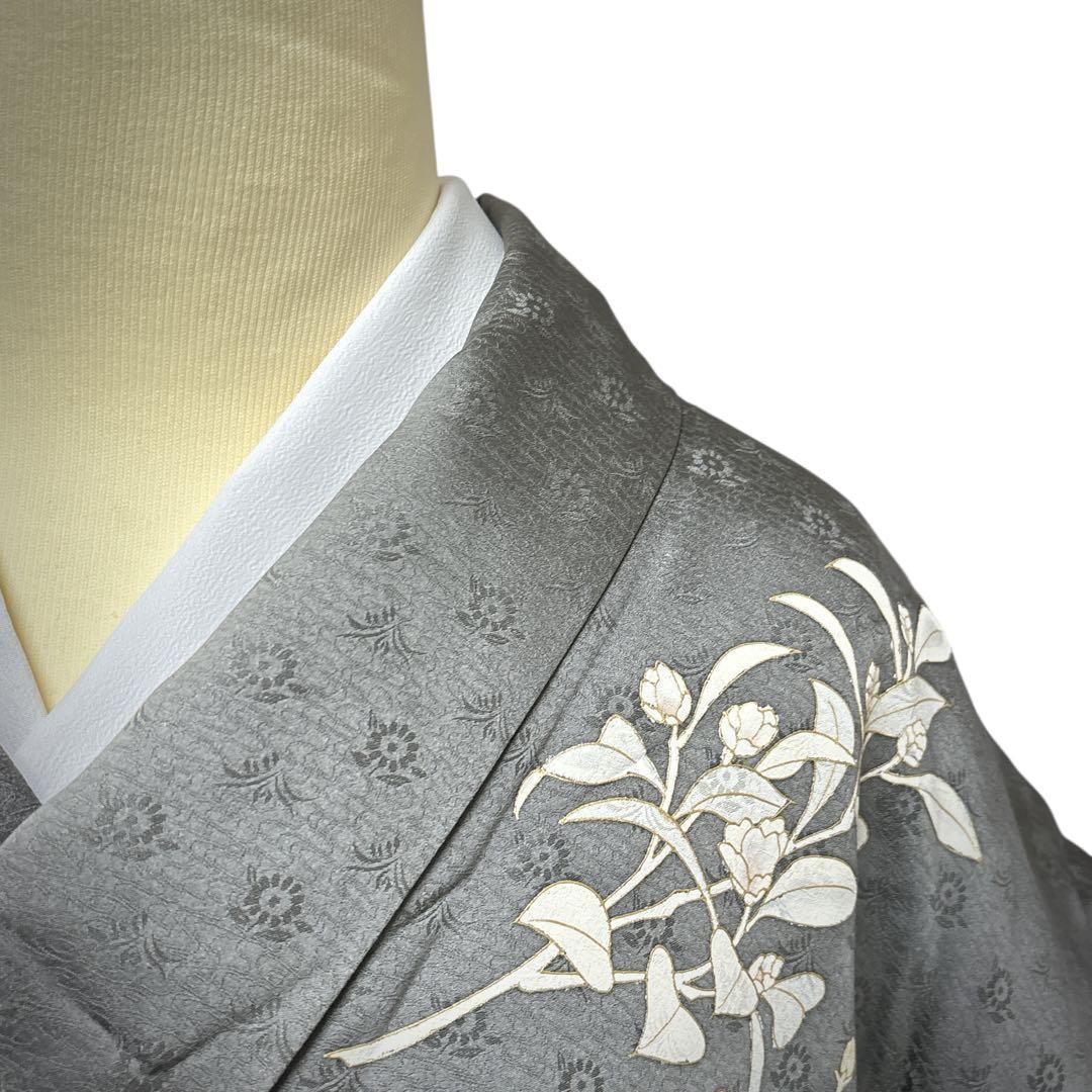 A151愛華 訪問着 錆鼠色 花地紋 染め花 正絹 フォーマル 身丈164cm