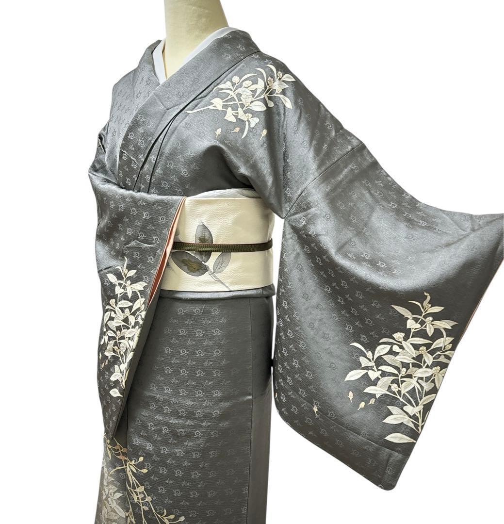 A151愛華 訪問着　錆鼠色　花地紋　染め花　正絹　フォーマル　身丈164cm A151愛華 訪問着 錆鼠色 花地紋 染め花 正絹 フォーマル 身丈164cm