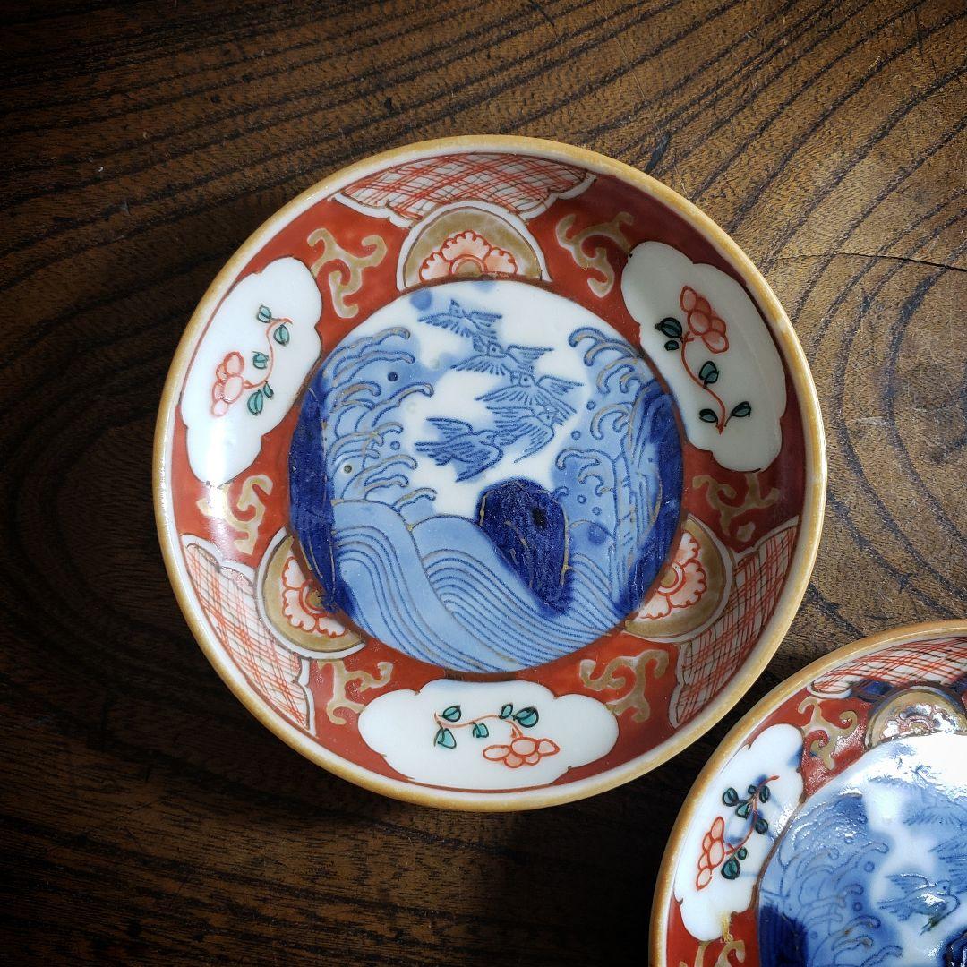 小皿　絵皿　色絵付け　古伊万里　明治　大正　鳥　波　滝　2枚