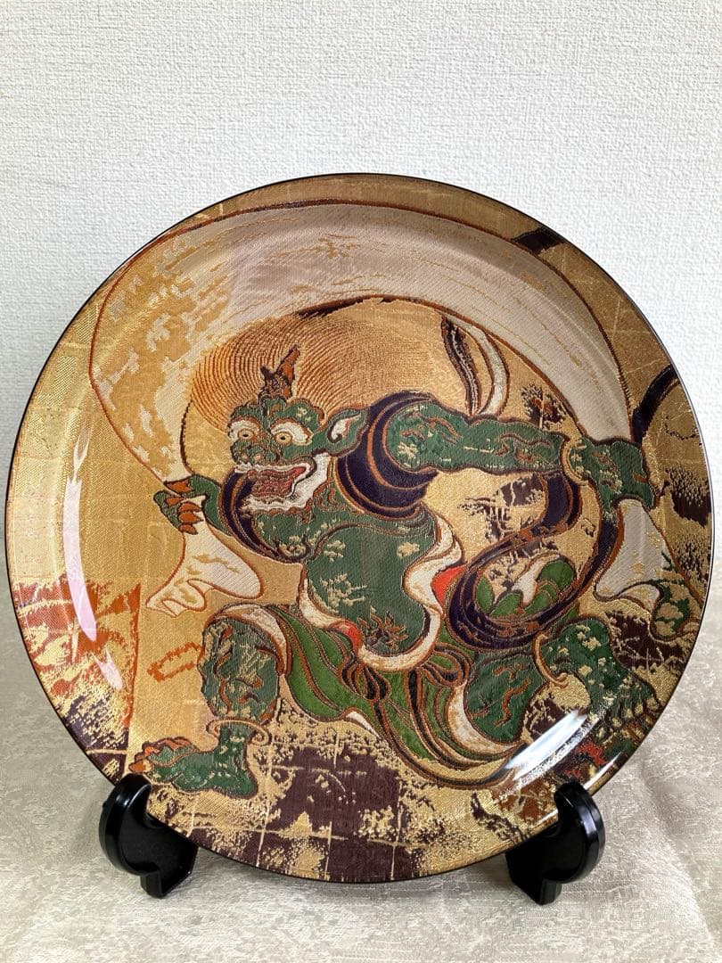 伝統工芸品　風神雷神　金欄手織物飾り皿