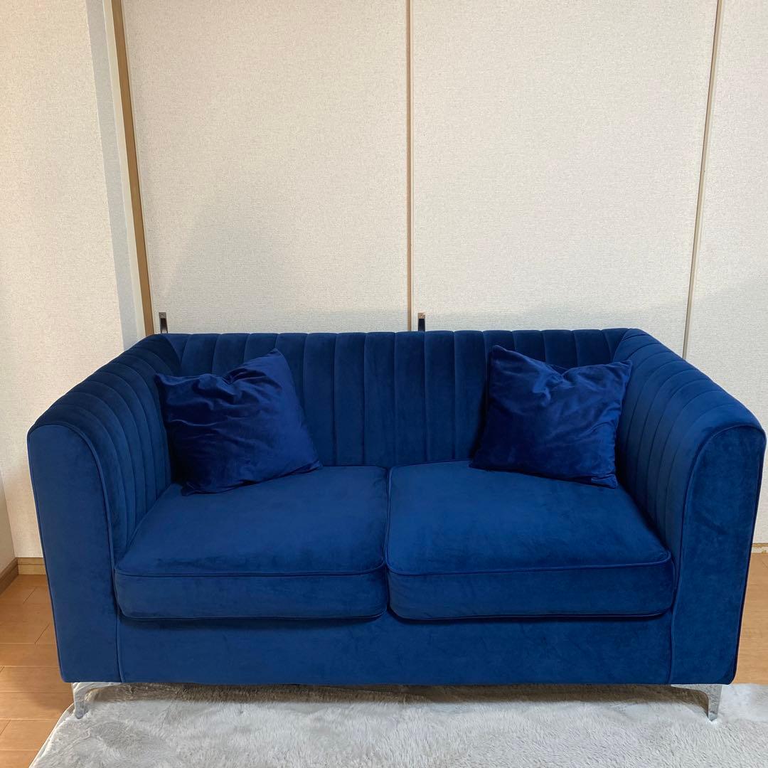 【3/18までの出品です！】ネイビーブルー ストライプデザインソファ　ベロア生地