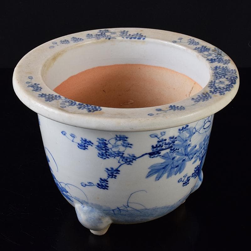 瀬戸焼　古瀬戸　花草文　三つ足植木鉢　蘭鉢　V　R8265