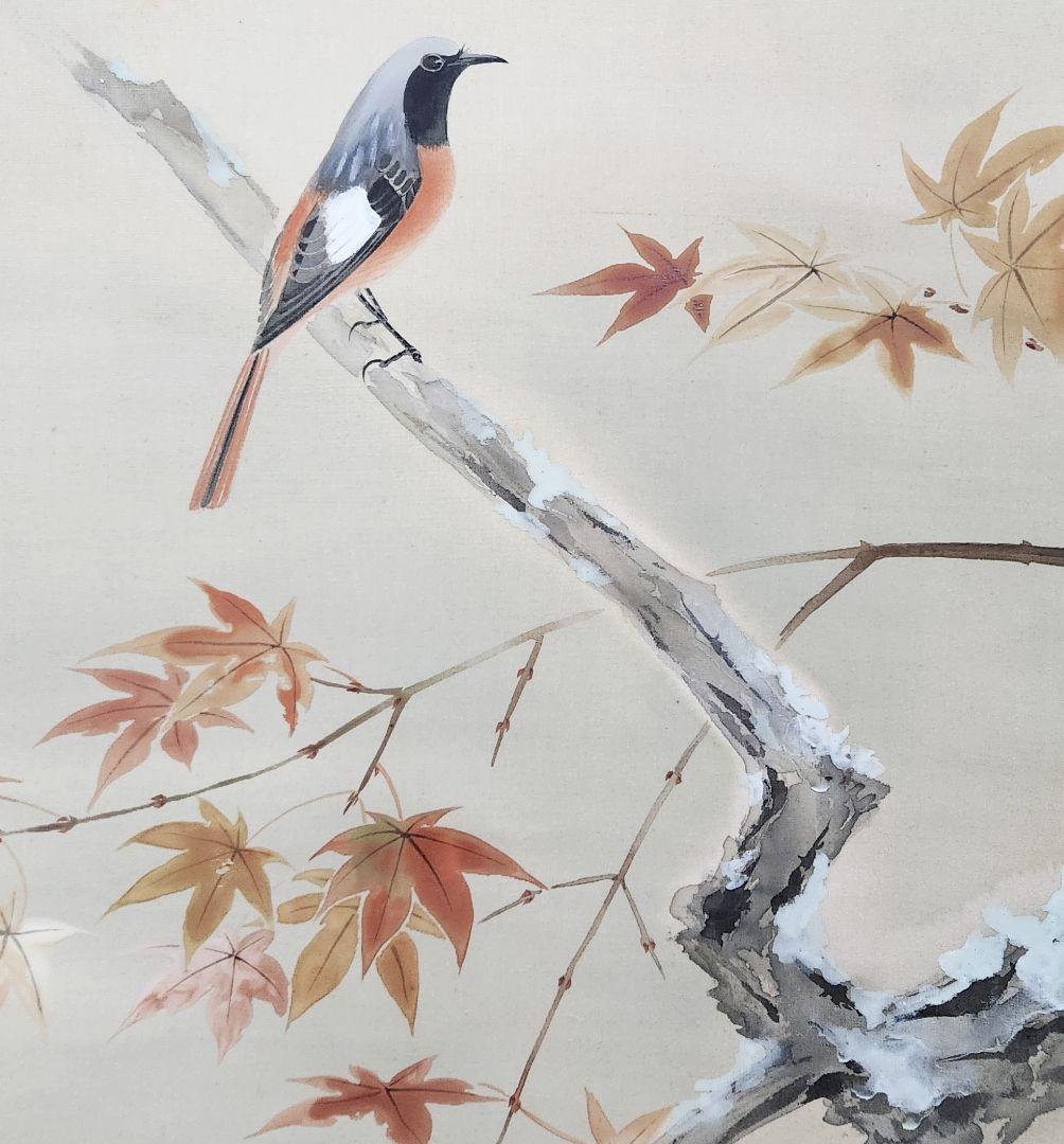 紅楓小禽図】楢崎鉄香 2681 共箱 掛け軸 肉筆