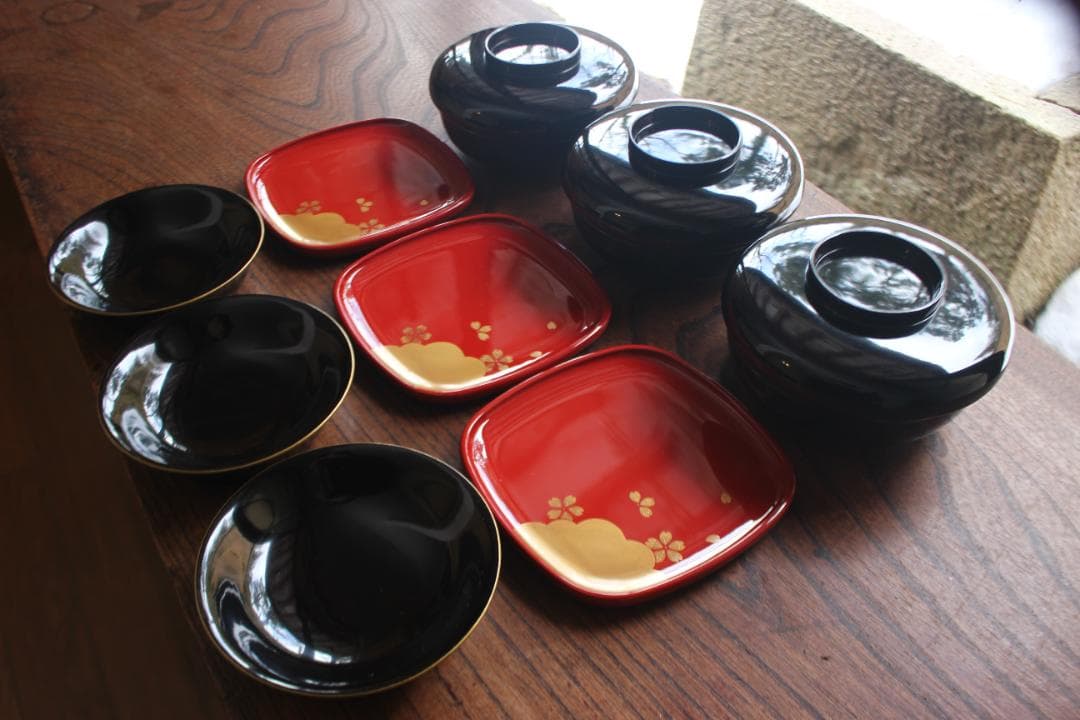 時代 梅に鶯 螺鈿入蒔絵 青貝 銘々皿 木椀10客 懐石道具 木地漆塗 糸目