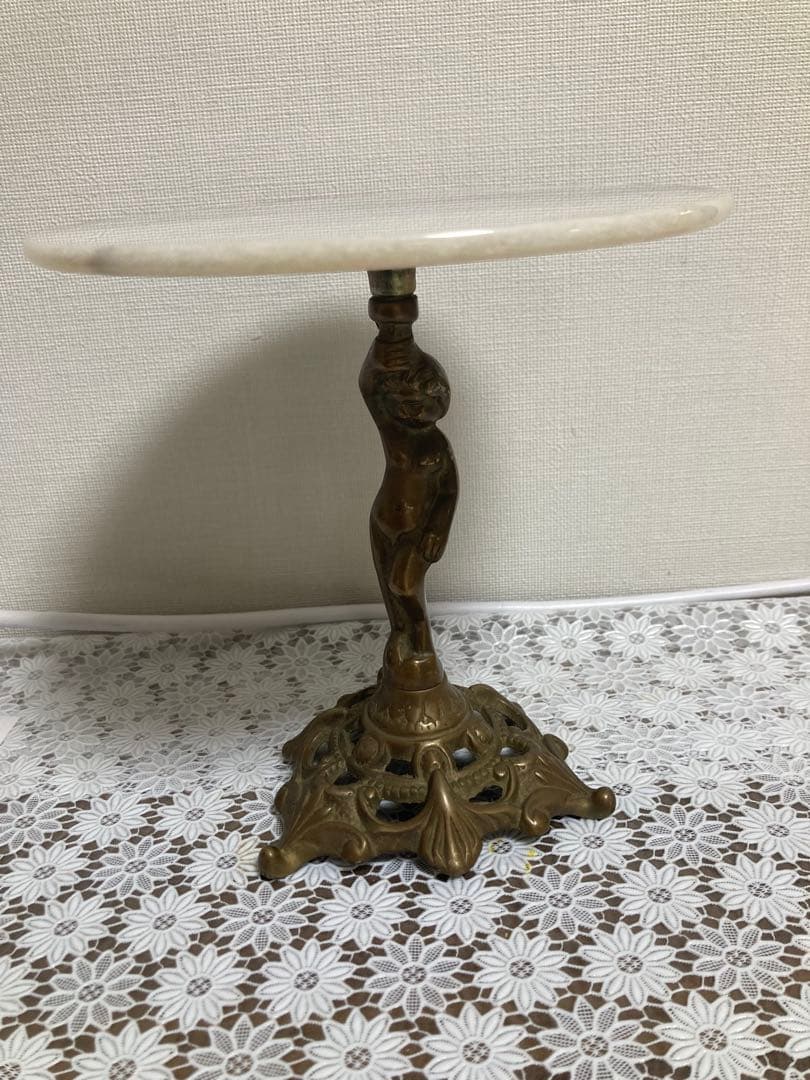 アンティーク 花台 大理石 真鍮 装飾 彫り 丸テーブル