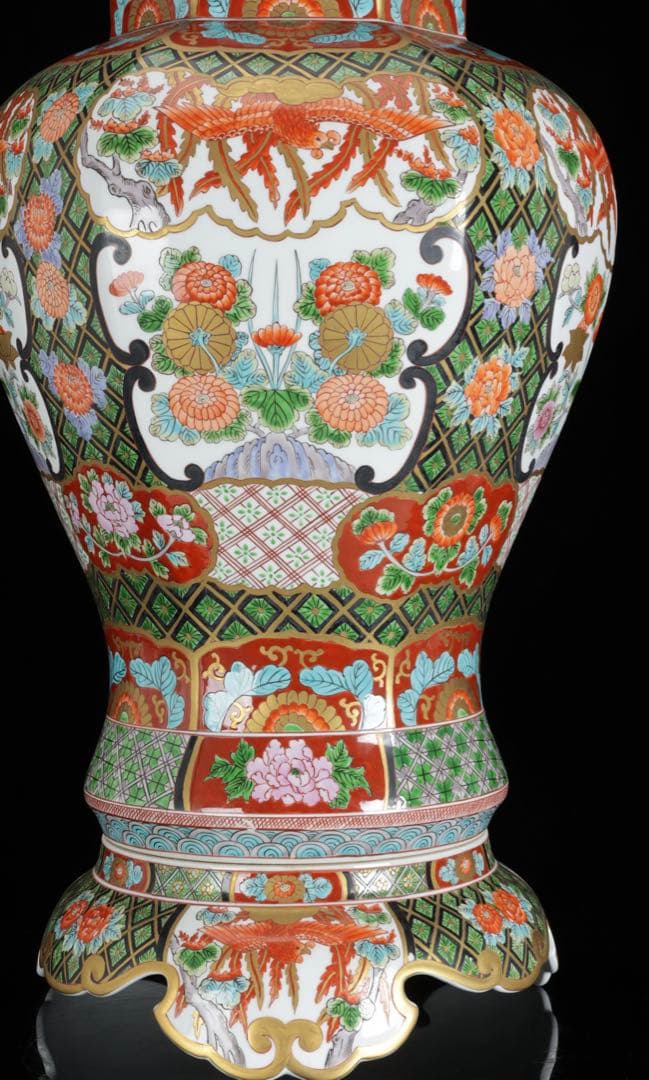 有田焼 耕右衛門 染錦窓絵鳳凰花尽之図 獅子摘蓋特大