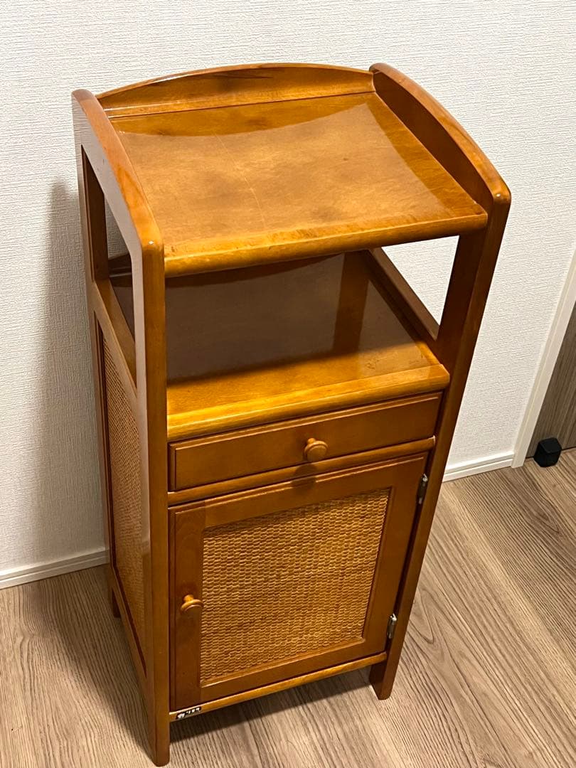 オールドカリモク 電話台 サイドキャビネット ラタン扉 木製 収納棚