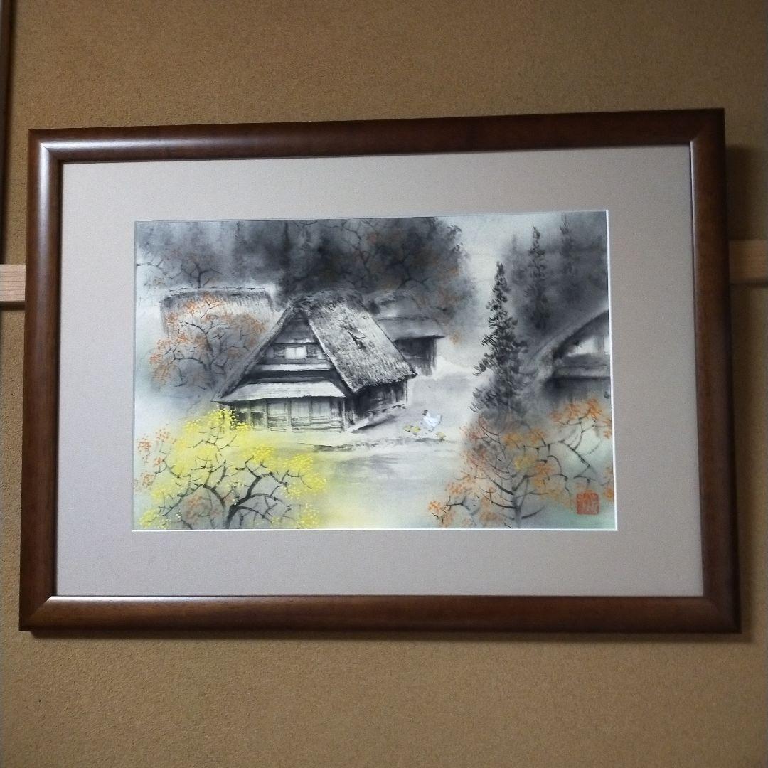 水墨画 日本の風景 木製フレーム付き