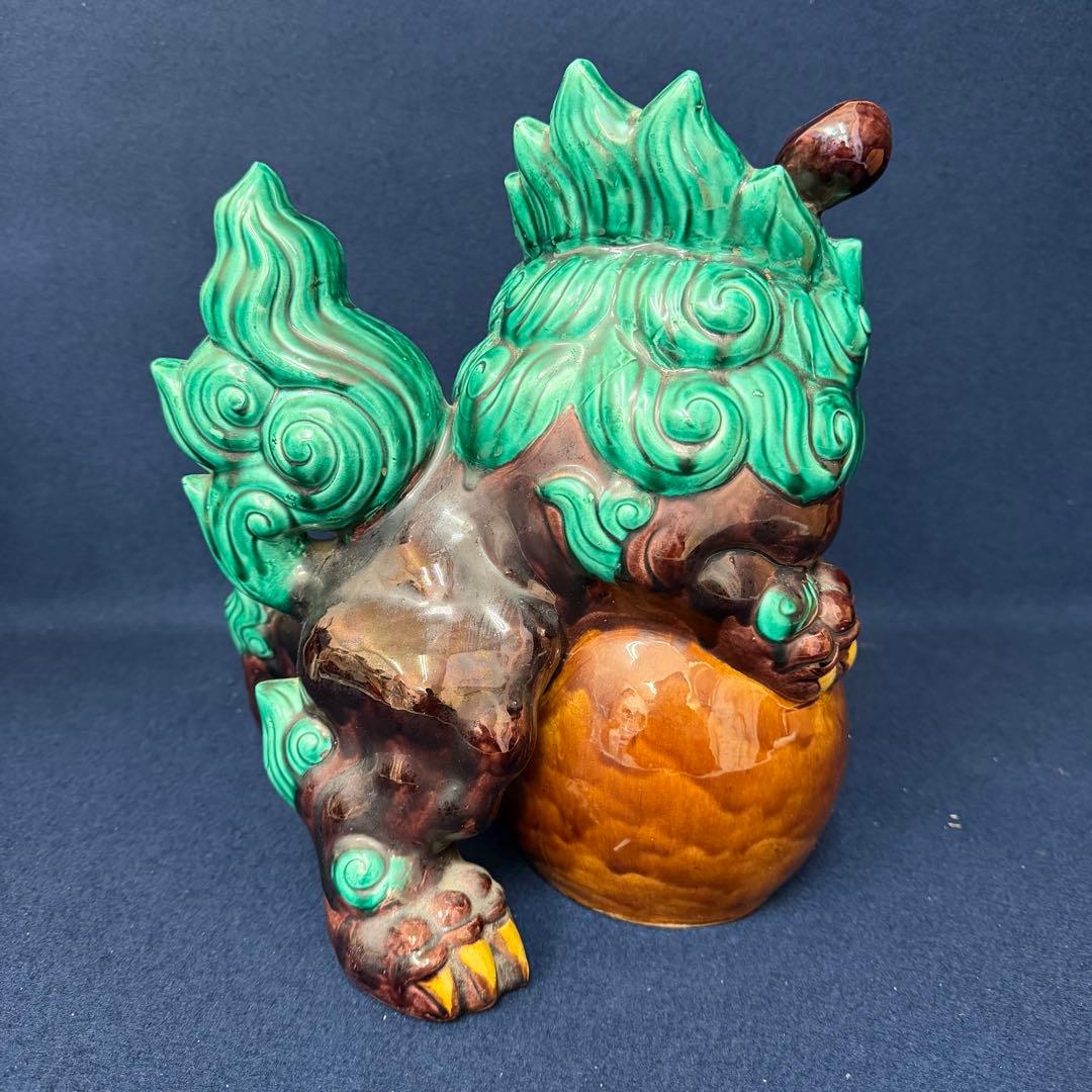 九谷焼 糠川清章 唐獅子置物 高さ約30cm玉乗り獅子 縁起物 色絵 共箱