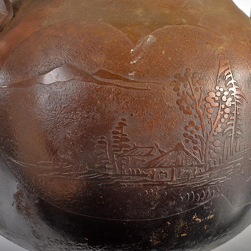 えびけん　煎茶道具　銅製漢詩山水梅文湯沸し　薬缶　時代箱付　M　R6738