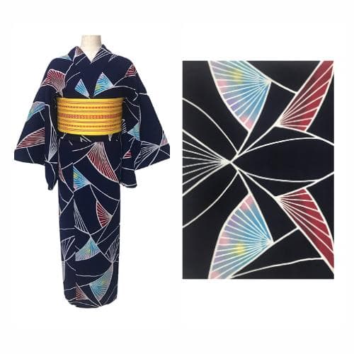 【浴衣】抽象模様　藍染 注染　紺 ネイビー　S　アンティーク ＋半幅帯セット