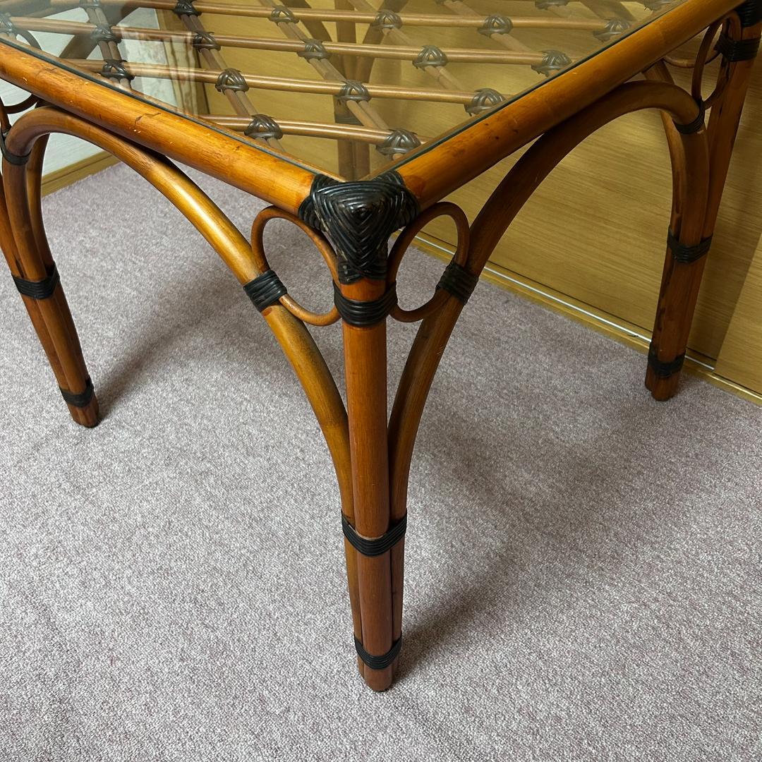 ヴィンテージ　ラタン　ダイニングテーブルセット　ガラステーブル　椅子2脚付き