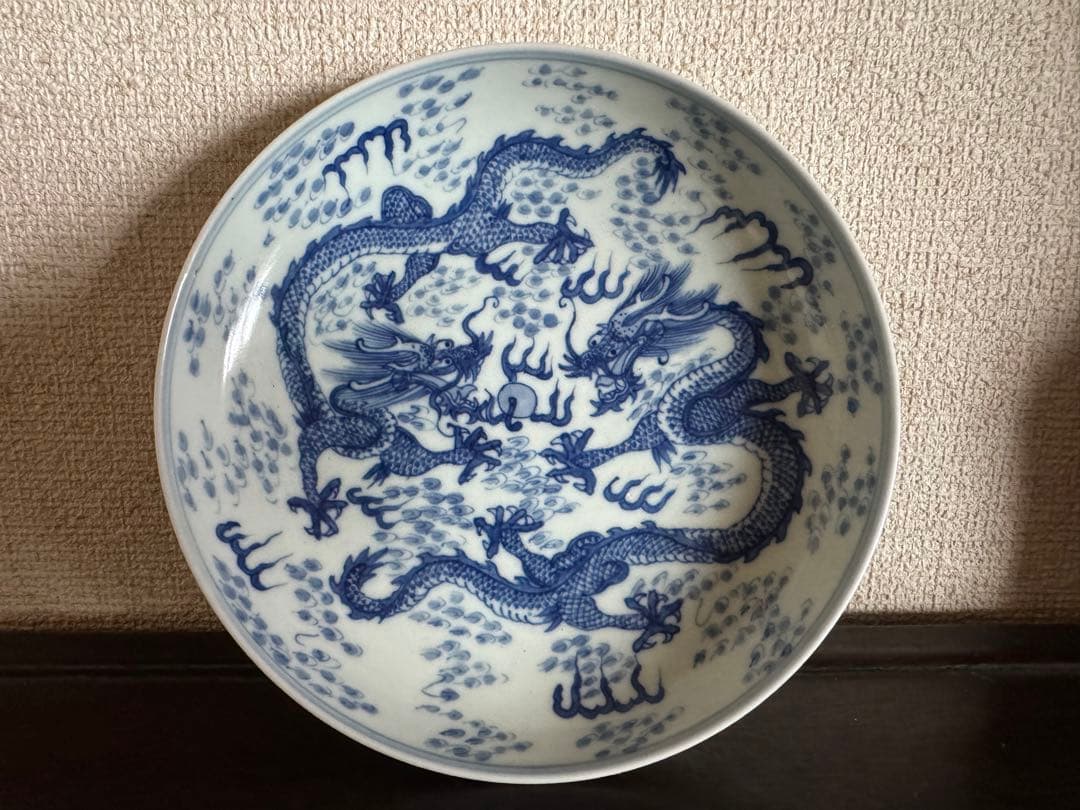 藍呉須龍紋中皿5枚清朝期共箱