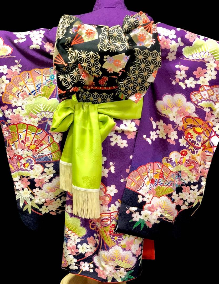 【正絹】 七五三　7歳　絵羽　紫　着物　四つ身　作り帯　セット　女の子