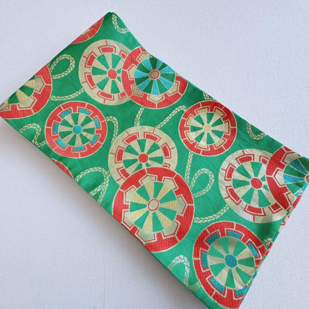 フルセット　七五三７歳女の子　赤地蝶桜　緑地袋帯　源氏車　簡単半衿　7105