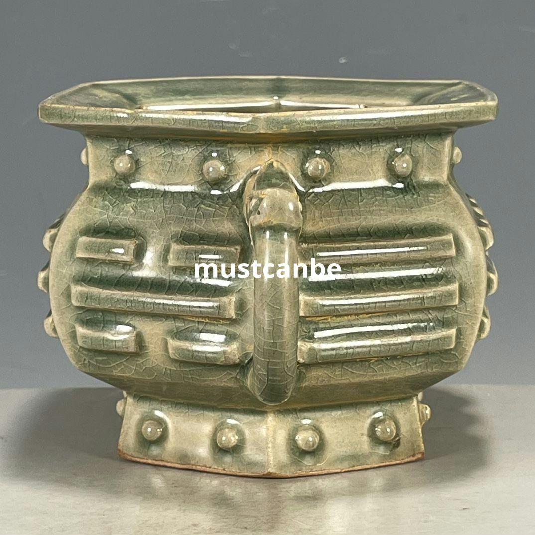 宋汝磁器両耳香炉 仏具 景徳鎮 陶磁器 装飾品 現代工芸品 美術品 置物
