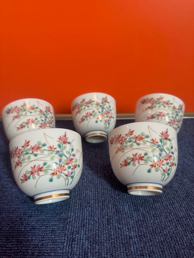 1809 其泉 蛍草花文 湯呑 5客 金彩 未使用