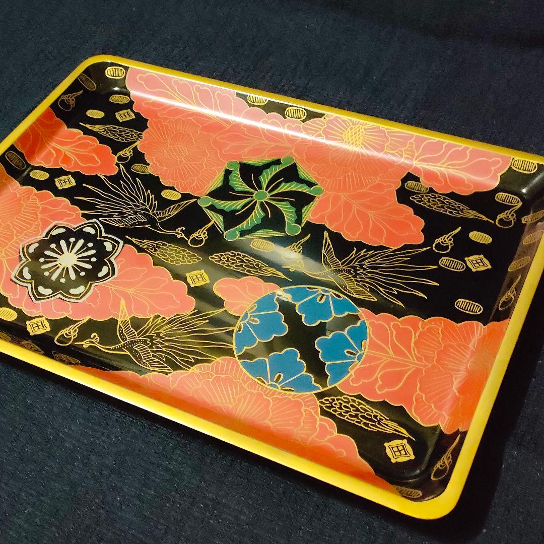 木製本漆塗　皿形長手盆　錦絵　会津塗