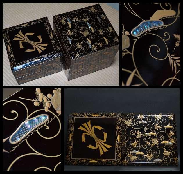 ショップ 明治五年 輪島塗鳳光斎造蠟色内朱金蒔絵青貝螺鈿象嵌『松竹梅