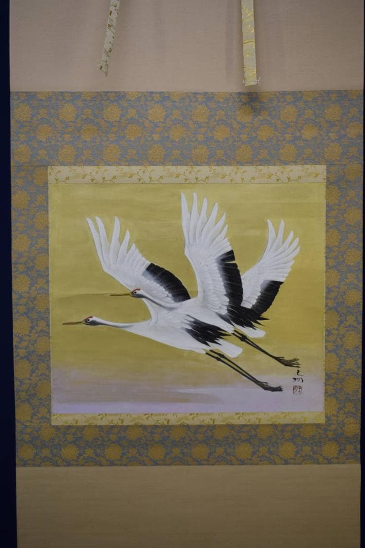 真作/竹内未明/双鶴/舞鶴/金地/鶴翔/桐共箱二重箱付/布袋屋掛軸HG-592