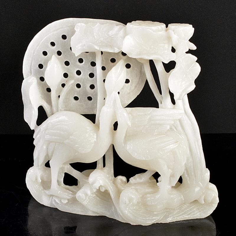 中国　玉石白玉彫刻　蓮に鶴　置物　V　R5692 中国 玉石白玉彫刻 蓮に鶴 置物 V R5692