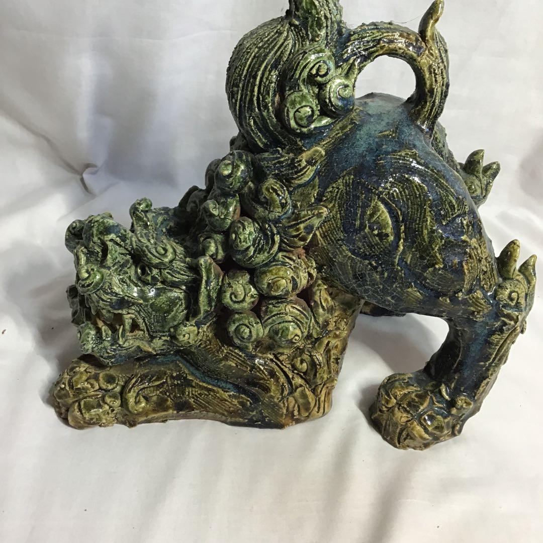 瀬戸織部釉 赤津 前川 電光作 唐獅子 木製箱付き