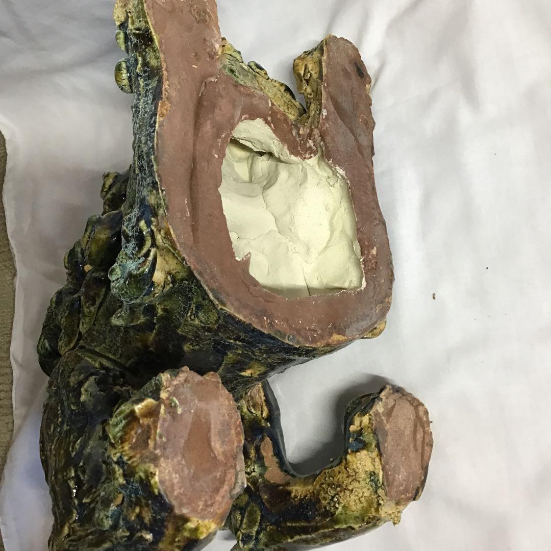 瀬戸織部釉 赤津 前川 電光作 唐獅子 木製箱付き