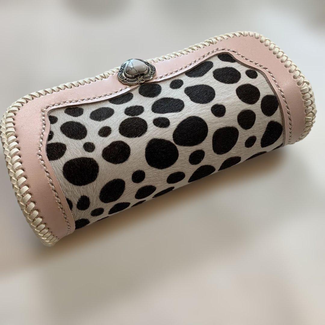 レザークラフト牛革ベビーピンクダルメシアン柄ハラコアコーディオン長財布牛レース編