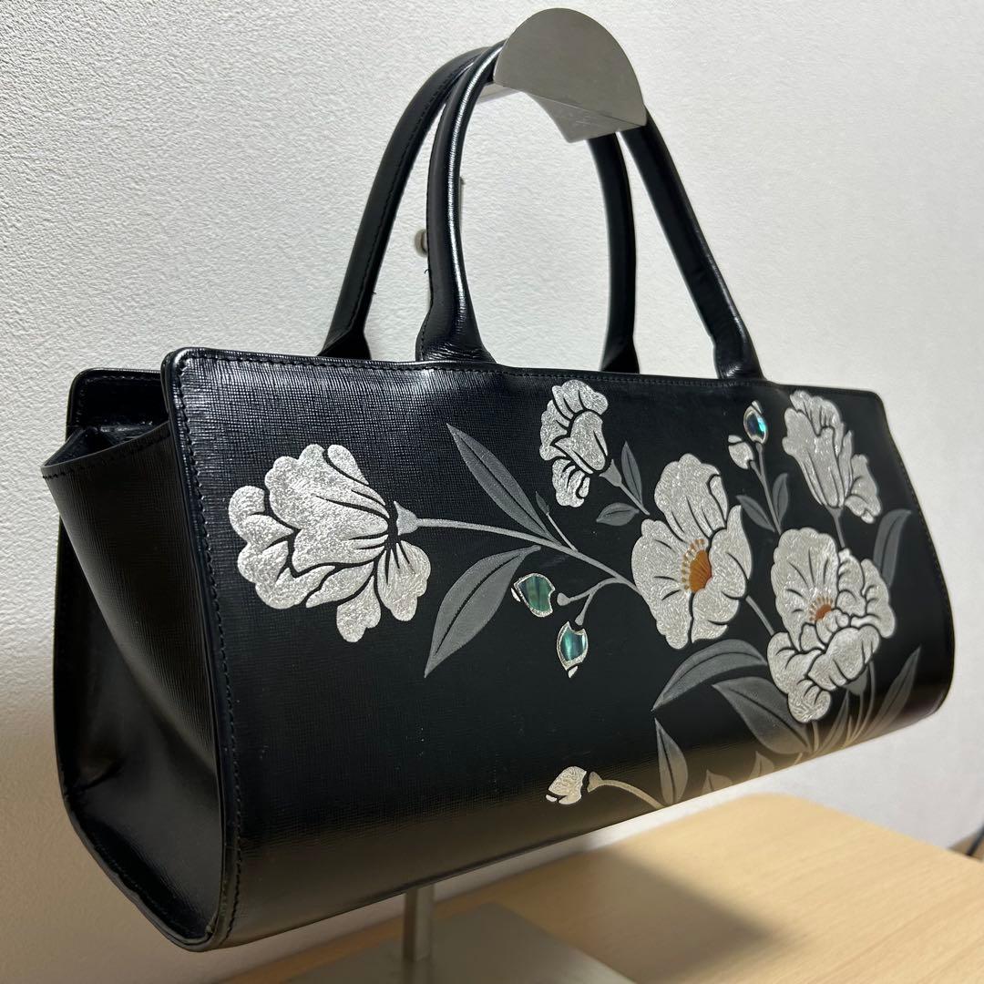 坂本これくしょん 蒔絵レザーバッグ ハンドバッグ 花柄刺繍 美品
