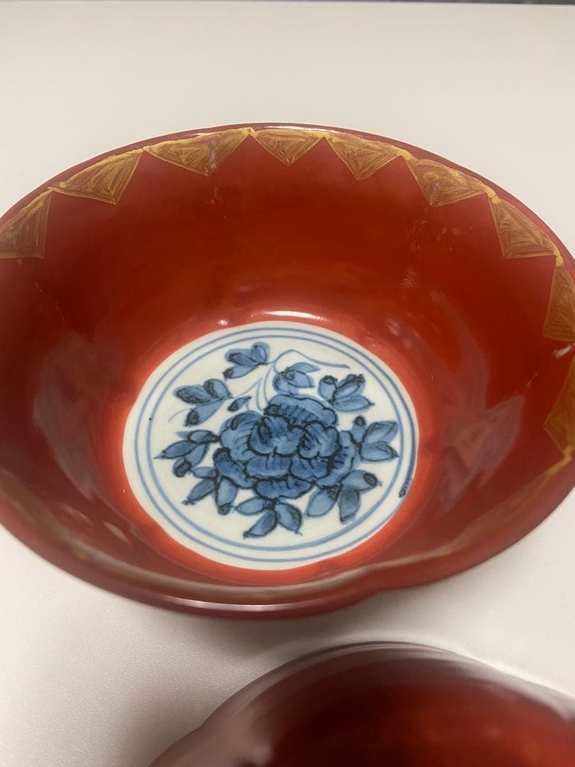 【大福】祥山 (造) 魯山人写 染付牡丹金彩赤絵鉢 5客揃
