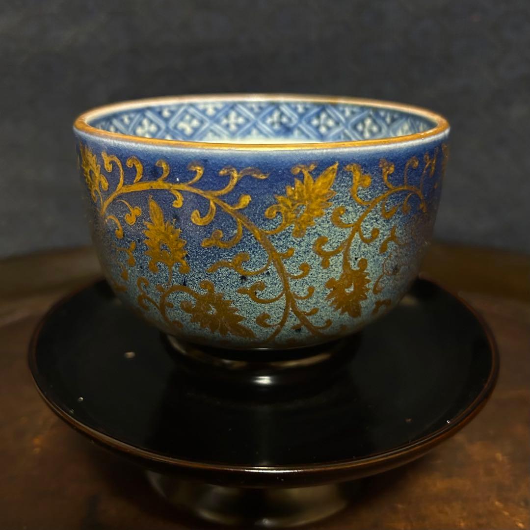 珍品 最上手「金蘭花唐草瑠璃釉のころ茶碗」 無傷 本物保証