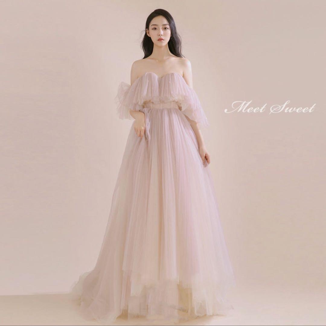 【S】ミートスウィート オフショルダー カラードレス　ピンク　前撮り　結婚式