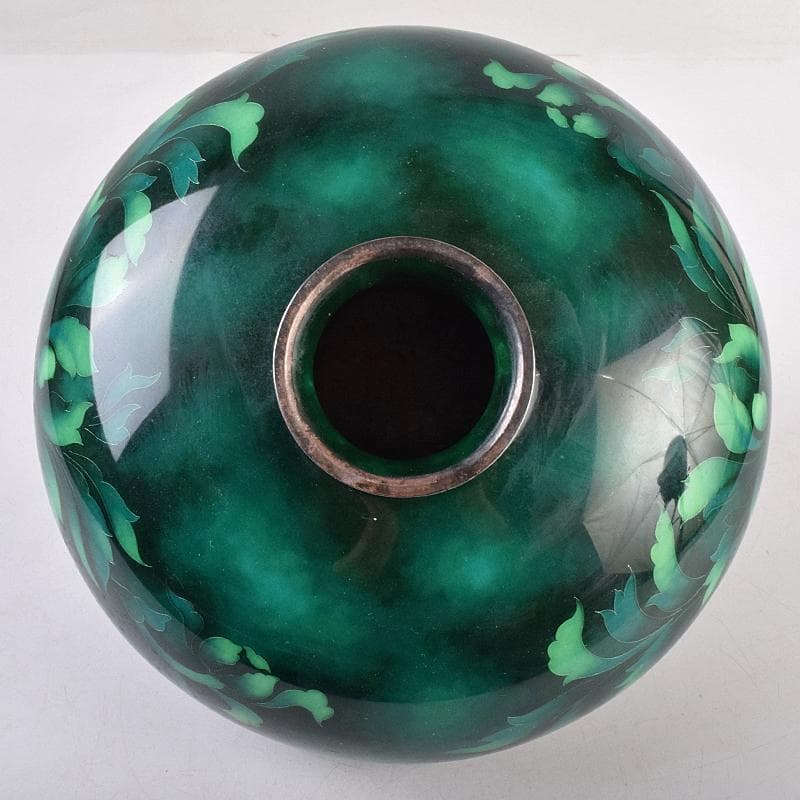 七宝焼 安藤七宝店 SILVER刻印 翡翠釉 花文 花瓶 共箱 M R8879B