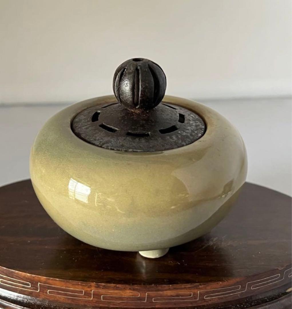 古美術/青磁三足香炉/鉄ほや付 MT2-00