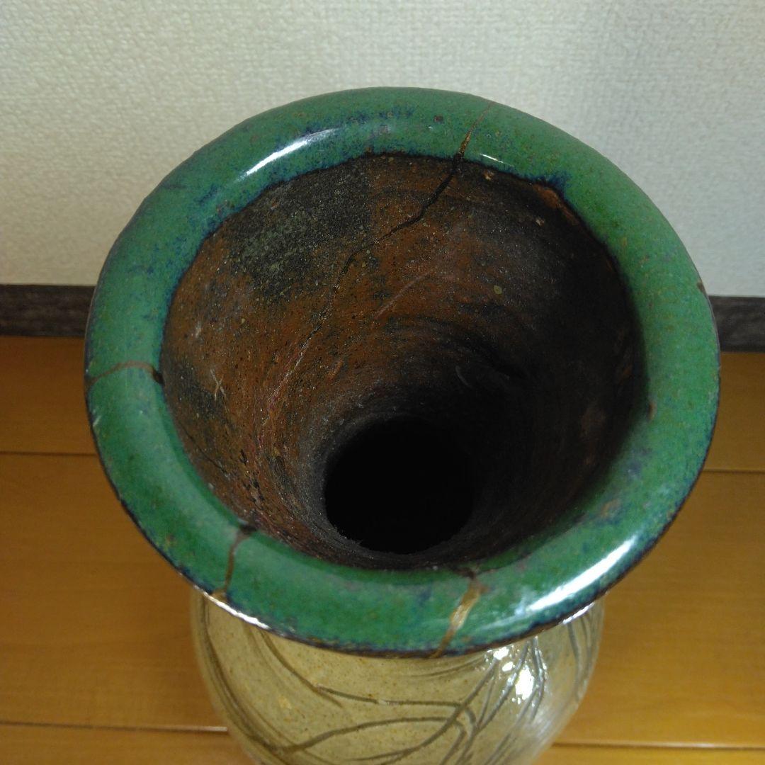 ◎忠佐伯◎人間国宝 金城次郎 海老魚紋花瓶(長大) 箱なし 直し有 壷屋焼