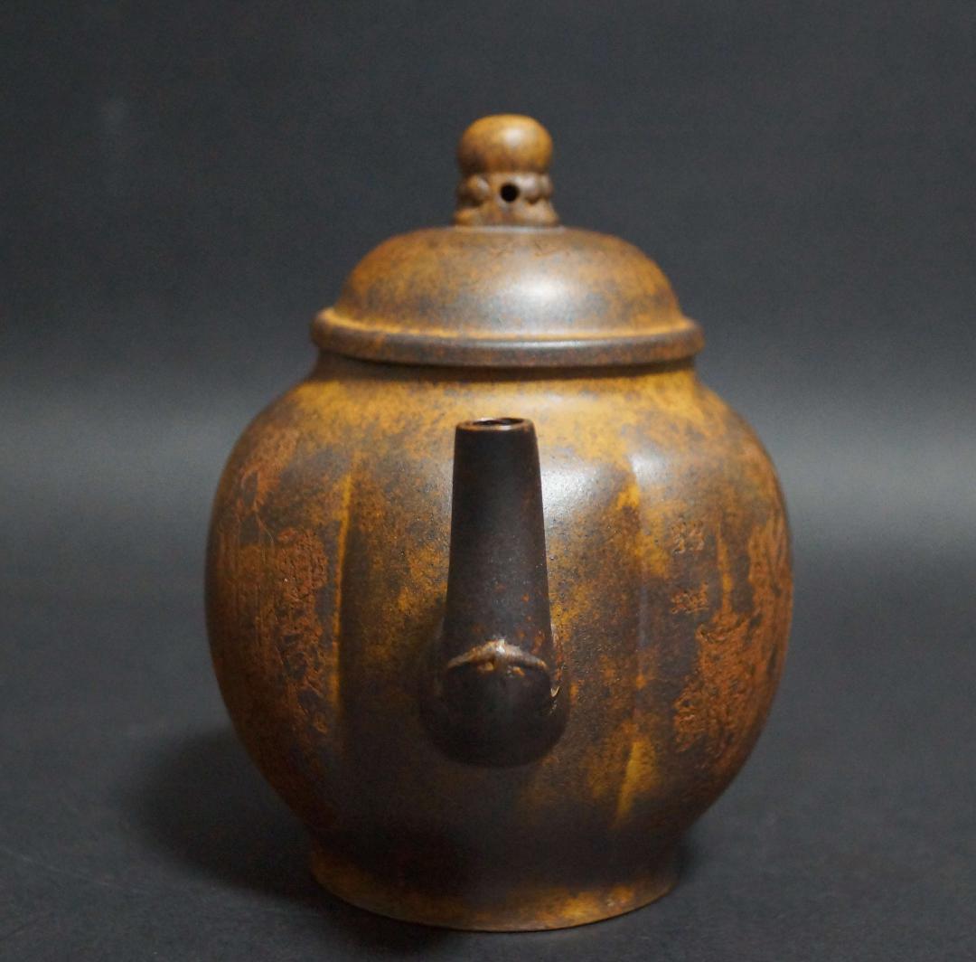 中国宜興紫砂 大型朱泥急須 紫砂細工『美人漢詩図』刻 南瓜形紫砂壺朱泥 在銘