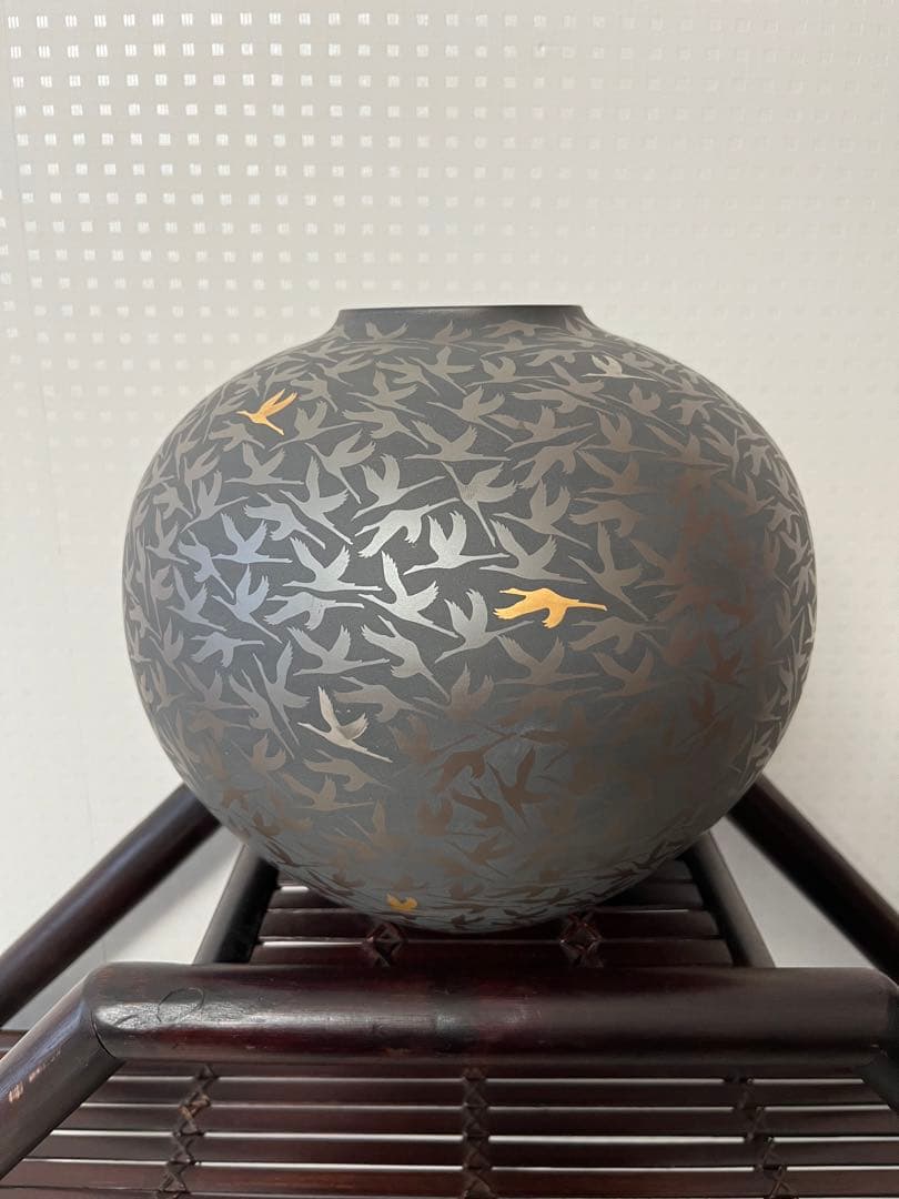 萬古輝彩鶴文壺、醉月窯、陶器、工芸品、古美術、花器、壺、飾り