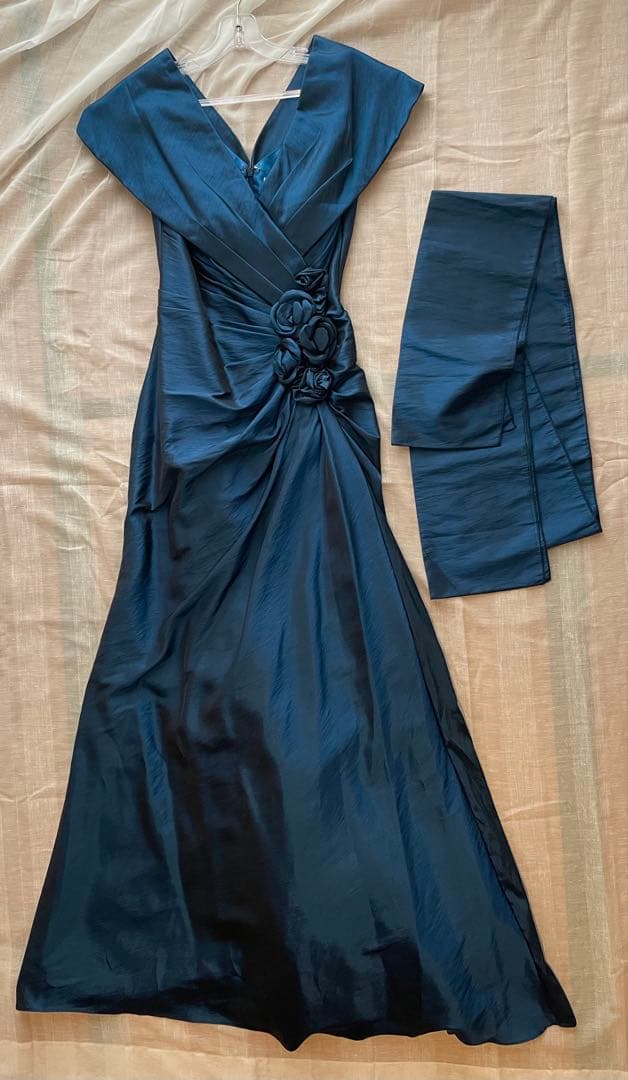 ドレス ロング 青 ブルー 演奏会 パーティ 発表会 M 共布 サテン 光沢