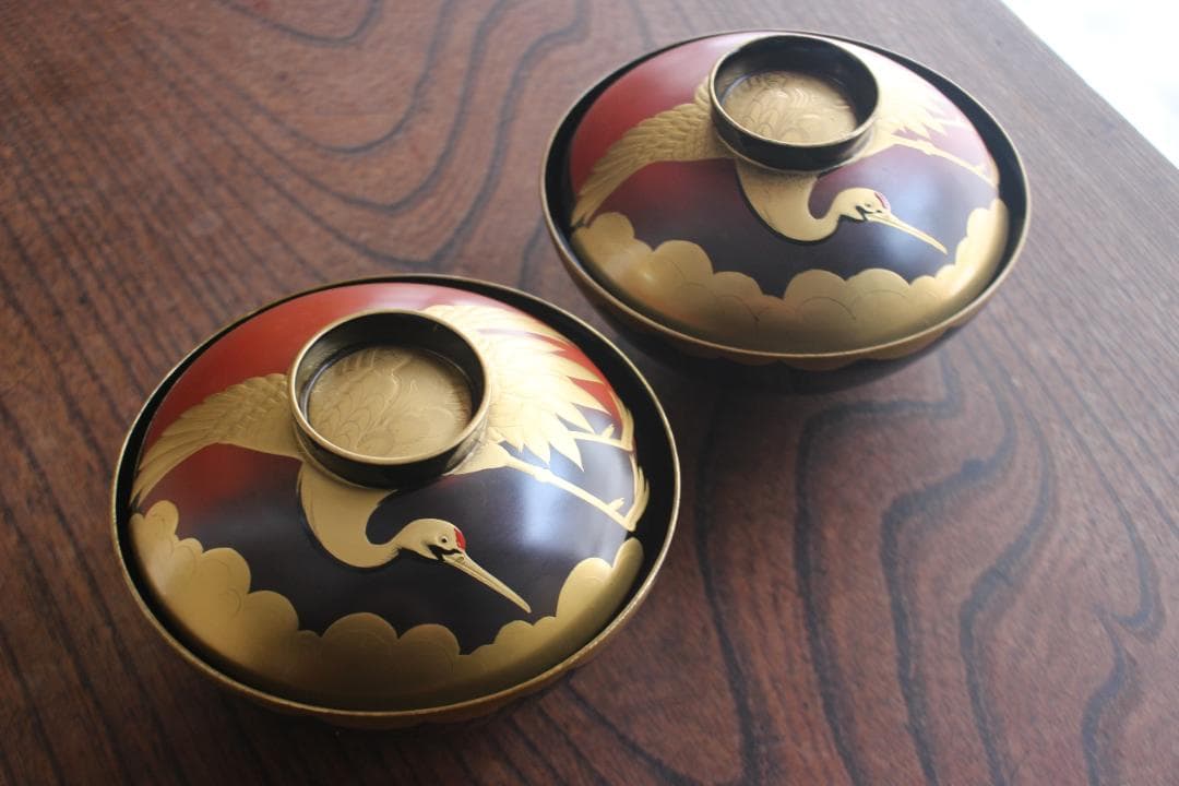 時代逸品！時代金縁黒漆に極上日の出鶴蒔絵の映えるお椀2点（検輪島塗