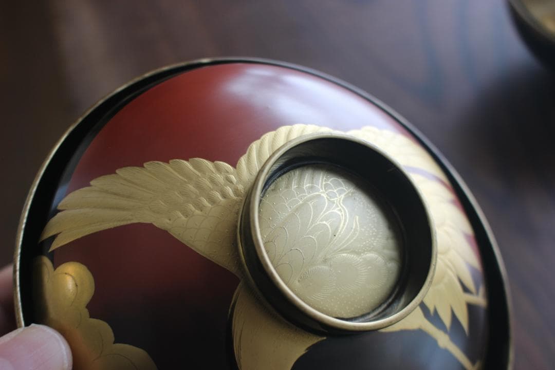 時代逸品！時代金縁黒漆に極上日の出鶴蒔絵の映えるお椀2点（検輪島塗