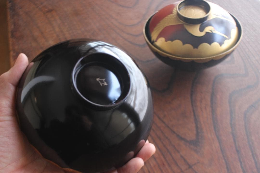時代逸品！時代金縁黒漆に極上日の出鶴蒔絵の映えるお椀2点（検輪島塗