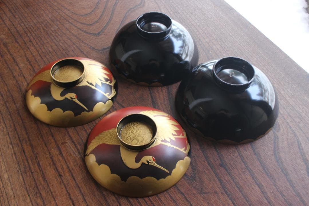 時代逸品！時代金縁黒漆に極上日の出鶴蒔絵の映えるお椀2点（検輪島塗