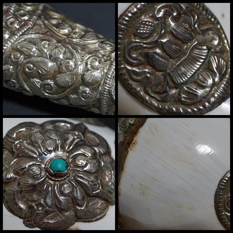 オールドチベット法具大型左巻法螺貝純銀巻きターコイズコーラル象嵌