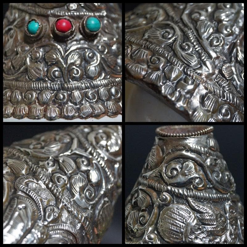 オールドチベット法具大型左巻法螺貝純銀巻きターコイズコーラル象嵌