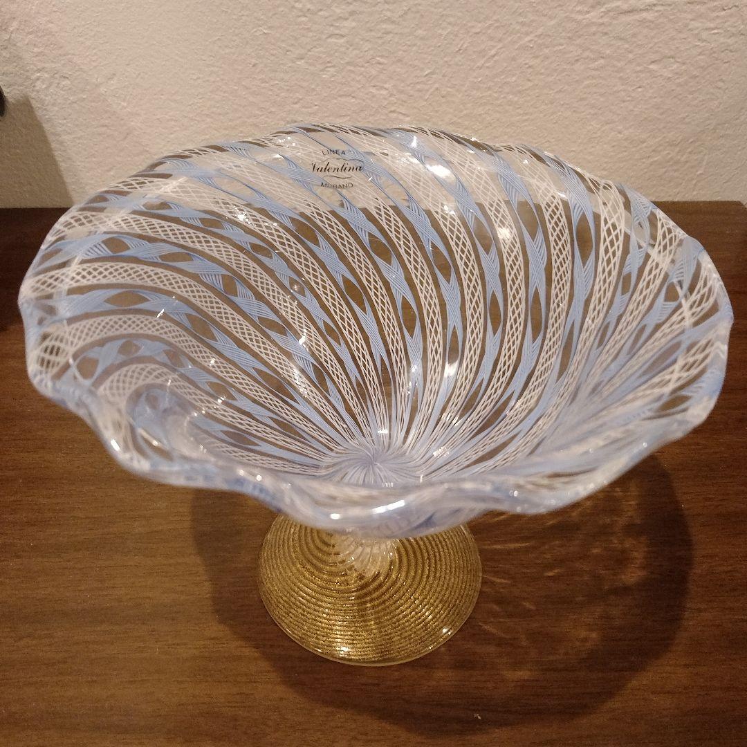 ベネチアンガラス ムラノ MURANO コンポート 水色 レース インテリア