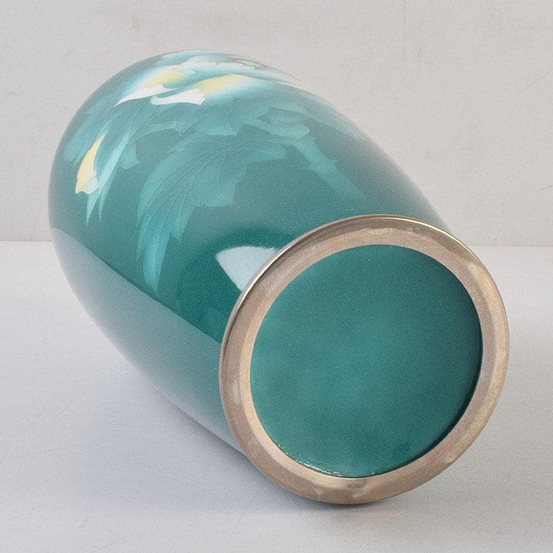 七宝焼 緑釉 花文 花瓶 共箱 V R9334