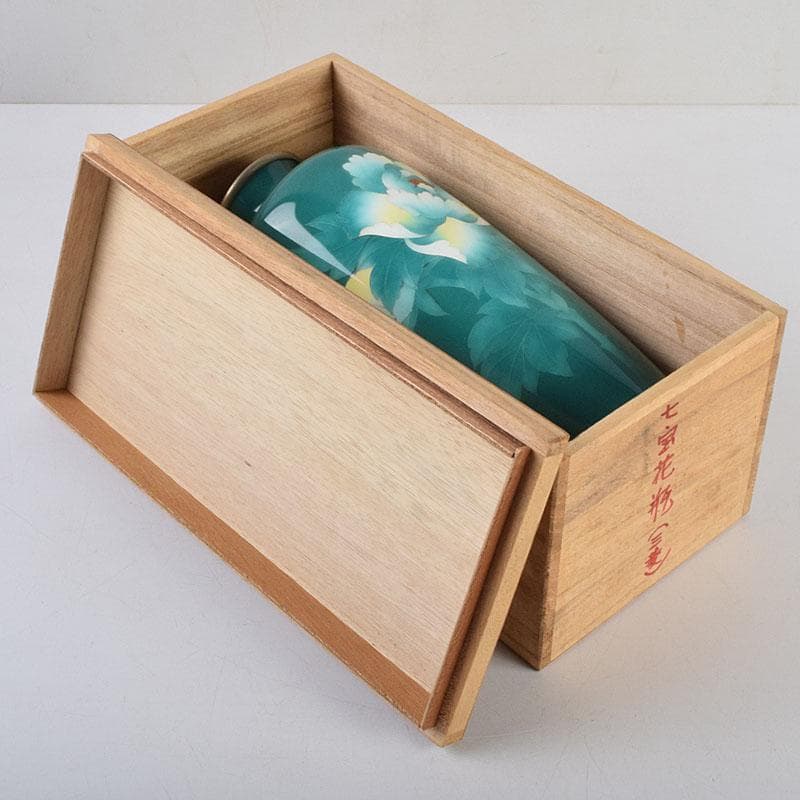 七宝焼 緑釉 花文 花瓶 共箱 V R9334
