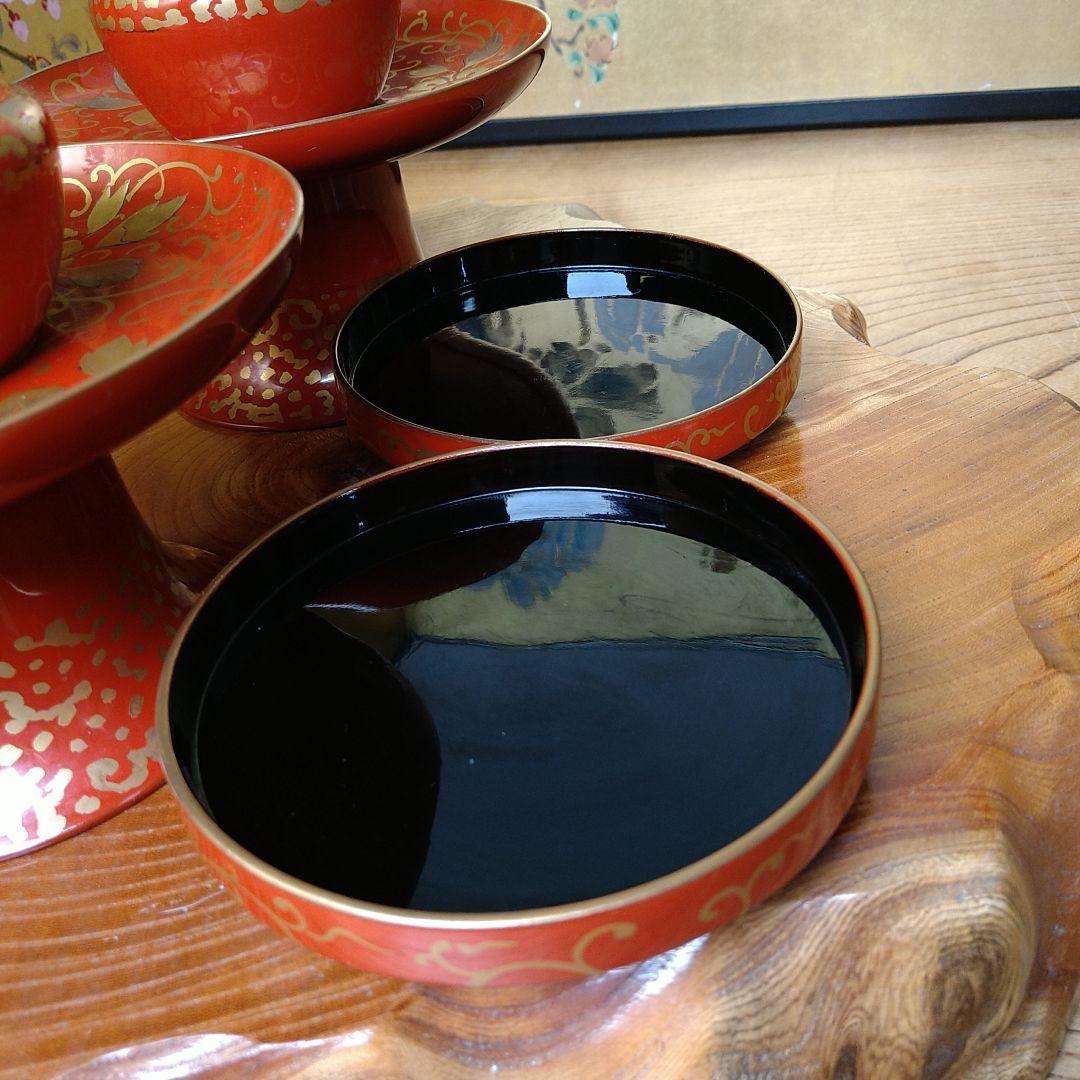 AB29 天目台一対 茶台 高茶台 高脚 金 高蒔絵 草花図 朱漆 木箱 昭和