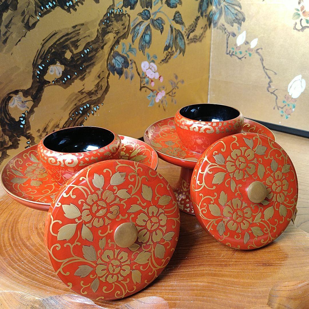 AB29 天目台一対 茶台 高茶台 高脚 金 高蒔絵 草花図 朱漆 木箱 昭和